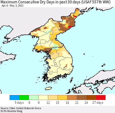 Korea Maximum Consecutive Dry Days in past 30 days (USAF 557th WW) 05/05/2022 Thematic Map For 5/1/2022 - 5/5/2022