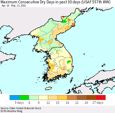 Korea Maximum Consecutive Dry Days in past 30 days (USAF 557th WW) 05/15/2022 Thematic Map For 5/11/2022 - 5/15/2022