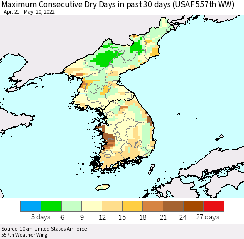 Korea Maximum Consecutive Dry Days in past 30 days (USAF 557th WW) 05/20/2022 Thematic Map For 5/16/2022 - 5/20/2022