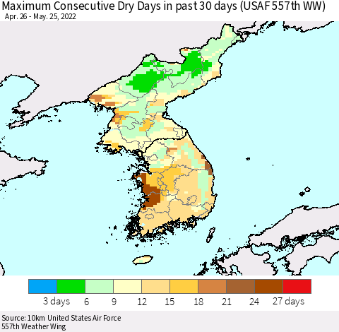 Korea Maximum Consecutive Dry Days in past 30 days (USAF 557th WW) 05/25/2022 Thematic Map For 5/21/2022 - 5/25/2022