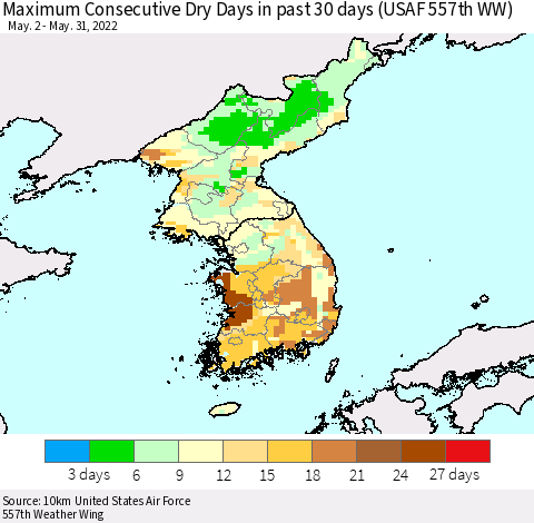 Korea Maximum Consecutive Dry Days in past 30 days (USAF 557th WW) 05/31/2022 Thematic Map For 5/26/2022 - 5/31/2022