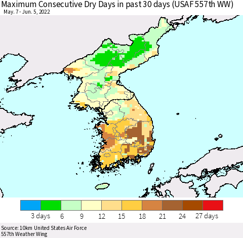 Korea Maximum Consecutive Dry Days in past 30 days (USAF 557th WW) 06/05/2022 Thematic Map For 6/1/2022 - 6/5/2022