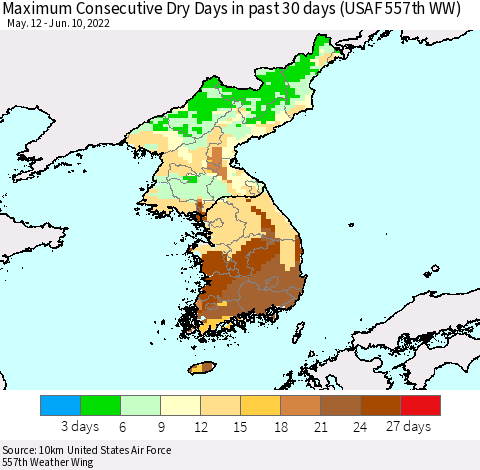 Korea Maximum Consecutive Dry Days in past 30 days (USAF 557th WW) 06/10/2022 Thematic Map For 6/6/2022 - 6/10/2022