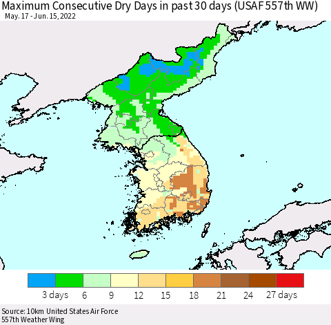 Korea Maximum Consecutive Dry Days in past 30 days (USAF 557th WW) 06/15/2022 Thematic Map For 6/11/2022 - 6/15/2022