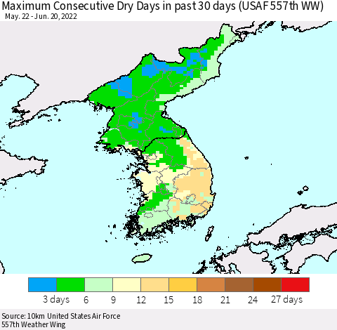 Korea Maximum Consecutive Dry Days in past 30 days (USAF 557th WW) 06/20/2022 Thematic Map For 6/16/2022 - 6/20/2022