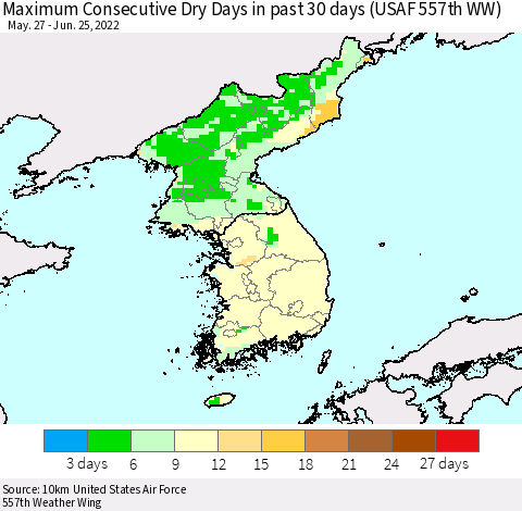 Korea Maximum Consecutive Dry Days in past 30 days (USAF 557th WW) 06/25/2022 Thematic Map For 6/21/2022 - 6/25/2022