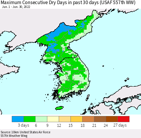 Korea Maximum Consecutive Dry Days in past 30 days (USAF 557th WW) 06/30/2022 Thematic Map For 6/26/2022 - 6/30/2022