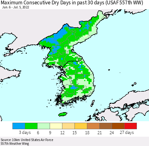 Korea Maximum Consecutive Dry Days in past 30 days (USAF 557th WW) 07/05/2022 Thematic Map For 7/1/2022 - 7/5/2022