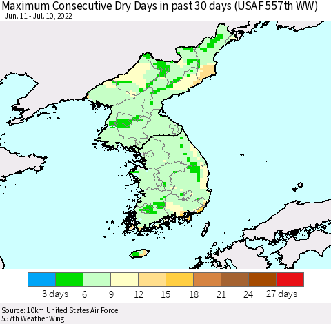 Korea Maximum Consecutive Dry Days in past 30 days (USAF 557th WW) 07/10/2022 Thematic Map For 7/6/2022 - 7/10/2022