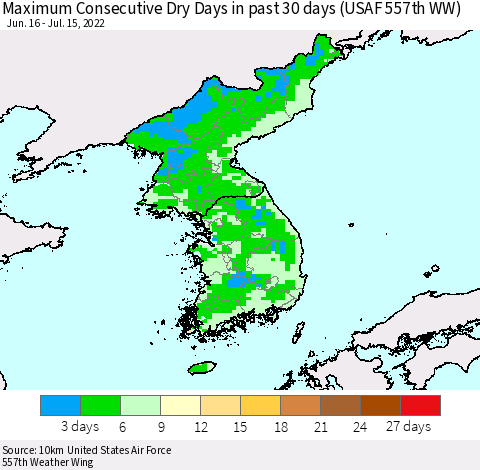 Korea Maximum Consecutive Dry Days in past 30 days (USAF 557th WW) 07/15/2022 Thematic Map For 7/11/2022 - 7/15/2022