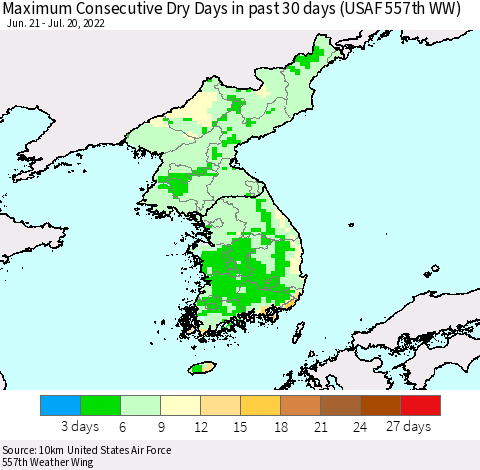 Korea Maximum Consecutive Dry Days in past 30 days (USAF 557th WW) 07/20/2022 Thematic Map For 7/16/2022 - 7/20/2022