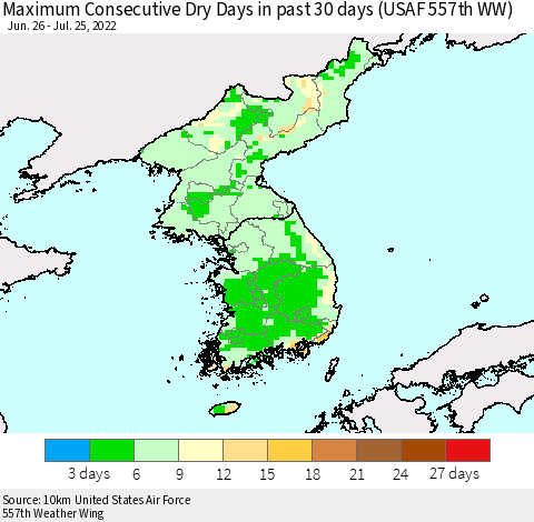 Korea Maximum Consecutive Dry Days in past 30 days (USAF 557th WW) 07/25/2022 Thematic Map For 7/21/2022 - 7/25/2022