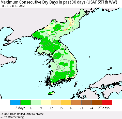 Korea Maximum Consecutive Dry Days in past 30 days (USAF 557th WW) 07/31/2022 Thematic Map For 7/26/2022 - 7/31/2022