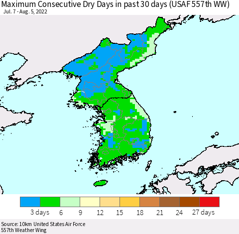 Korea Maximum Consecutive Dry Days in past 30 days (USAF 557th WW) 08/05/2022 Thematic Map For 8/1/2022 - 8/5/2022