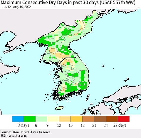 Korea Maximum Consecutive Dry Days in past 30 days (USAF 557th WW) 08/10/2022 Thematic Map For 8/6/2022 - 8/10/2022
