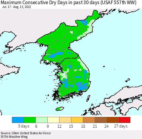 Korea Maximum Consecutive Dry Days in past 30 days (USAF 557th WW) 08/15/2022 Thematic Map For 8/11/2022 - 8/15/2022