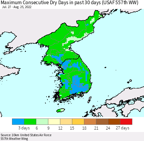 Korea Maximum Consecutive Dry Days in past 30 days (USAF 557th WW) 08/25/2022 Thematic Map For 8/21/2022 - 8/25/2022