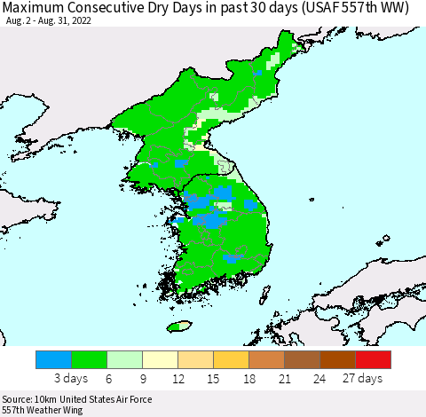 Korea Maximum Consecutive Dry Days in past 30 days (USAF 557th WW) 08/31/2022 Thematic Map For 8/26/2022 - 8/31/2022