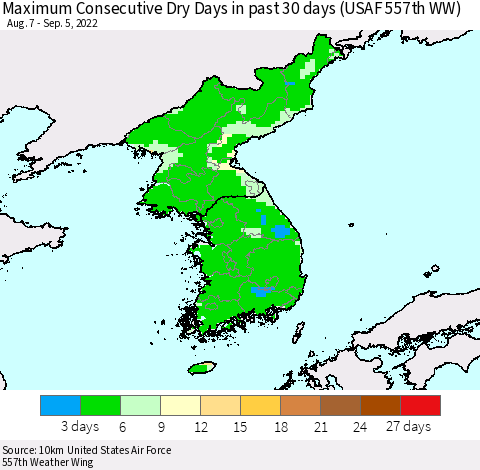 Korea Maximum Consecutive Dry Days in past 30 days (USAF 557th WW) 09/05/2022 Thematic Map For 9/1/2022 - 9/5/2022