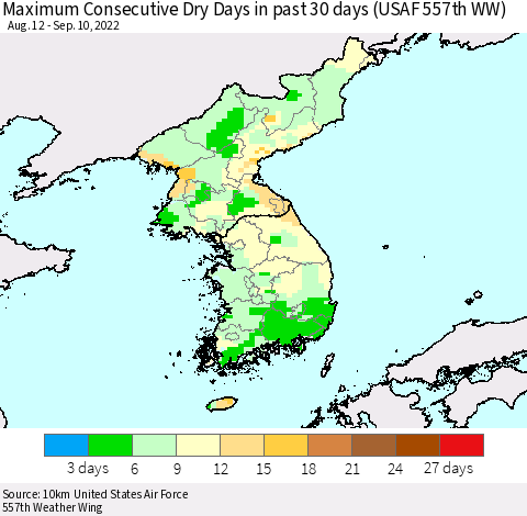 Korea Maximum Consecutive Dry Days in past 30 days (USAF 557th WW) 09/10/2022 Thematic Map For 9/6/2022 - 9/10/2022
