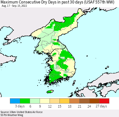 Korea Maximum Consecutive Dry Days in past 30 days (USAF 557th WW) 09/15/2022 Thematic Map For 9/11/2022 - 9/15/2022