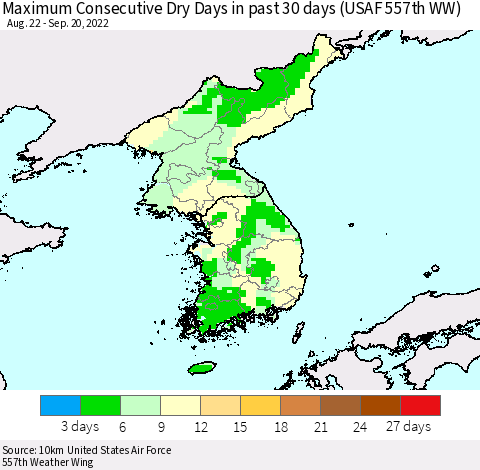 Korea Maximum Consecutive Dry Days in past 30 days (USAF 557th WW) 09/20/2022 Thematic Map For 9/16/2022 - 9/20/2022