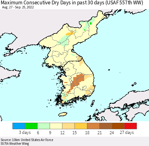 Korea Maximum Consecutive Dry Days in past 30 days (USAF 557th WW) 09/25/2022 Thematic Map For 9/21/2022 - 9/25/2022