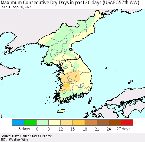 Korea Maximum Consecutive Dry Days in past 30 days (USAF 557th WW) 09/30/2022 Thematic Map For 9/26/2022 - 9/30/2022