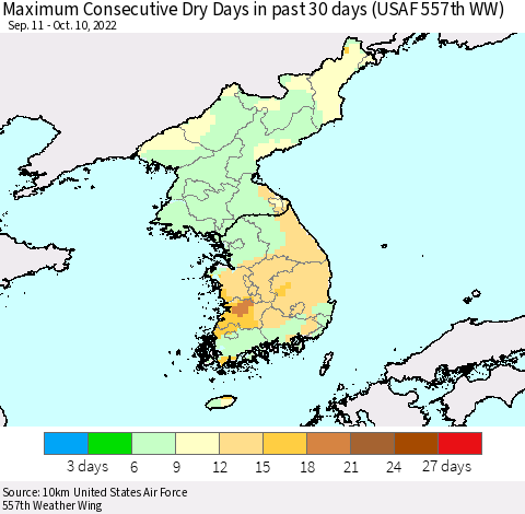 Korea Maximum Consecutive Dry Days in past 30 days (USAF 557th WW) 10/10/2022 Thematic Map For 10/6/2022 - 10/10/2022
