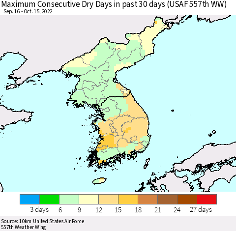 Korea Maximum Consecutive Dry Days in past 30 days (USAF 557th WW) 10/15/2022 Thematic Map For 10/11/2022 - 10/15/2022