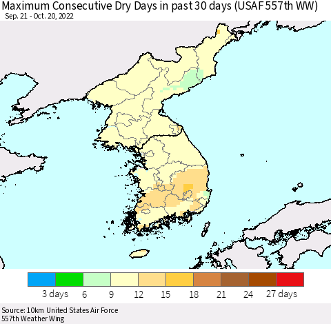 Korea Maximum Consecutive Dry Days in past 30 days (USAF 557th WW) 10/20/2022 Thematic Map For 10/16/2022 - 10/20/2022