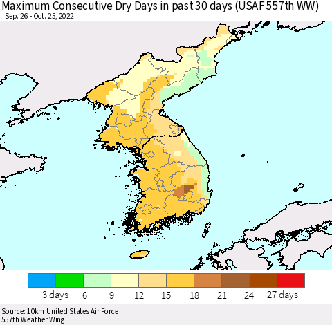 Korea Maximum Consecutive Dry Days in past 30 days (USAF 557th WW) 10/25/2022 Thematic Map For 10/21/2022 - 10/25/2022