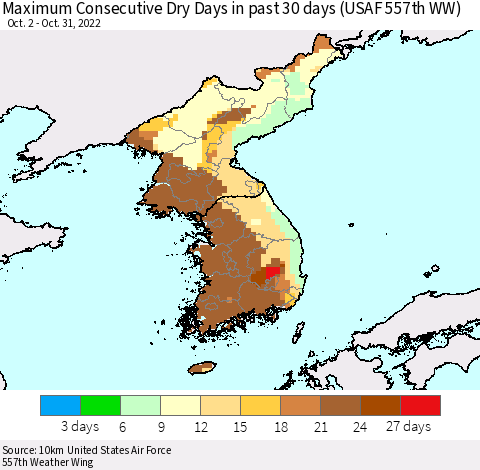 Korea Maximum Consecutive Dry Days in past 30 days (USAF 557th WW) 10/31/2022 Thematic Map For 10/26/2022 - 10/31/2022