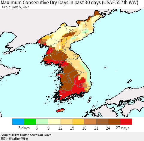 Korea Maximum Consecutive Dry Days in past 30 days (USAF 557th WW) 11/05/2022 Thematic Map For 11/1/2022 - 11/5/2022