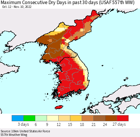 Korea Maximum Consecutive Dry Days in past 30 days (USAF 557th WW) 11/10/2022 Thematic Map For 11/6/2022 - 11/10/2022