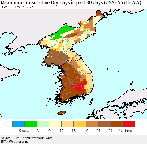 Korea Maximum Consecutive Dry Days in past 30 days (USAF 557th WW) 11/15/2022 Thematic Map For 11/11/2022 - 11/15/2022