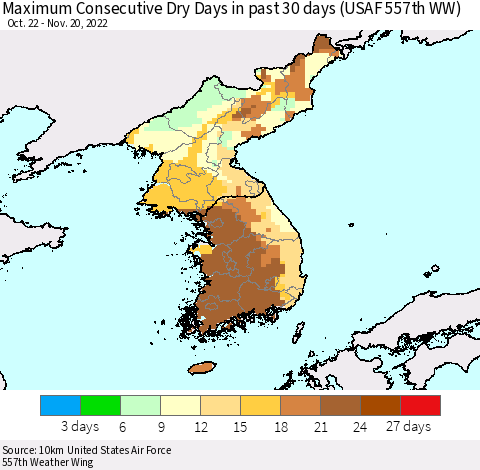 Korea Maximum Consecutive Dry Days in past 30 days (USAF 557th WW) 11/20/2022 Thematic Map For 11/16/2022 - 11/20/2022