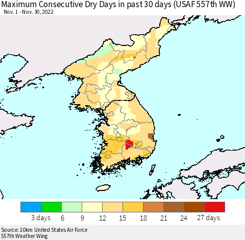 Korea Maximum Consecutive Dry Days in past 30 days (USAF 557th WW) 11/30/2022 Thematic Map For 11/26/2022 - 11/30/2022