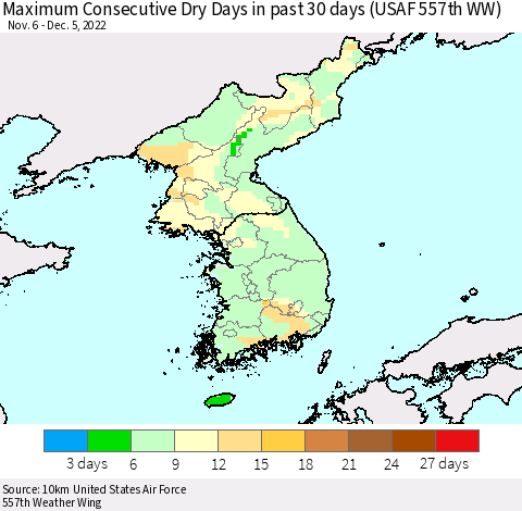 Korea Maximum Consecutive Dry Days in past 30 days (USAF 557th WW) 12/05/2022 Thematic Map For 12/1/2022 - 12/5/2022