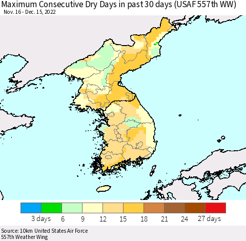 Korea Maximum Consecutive Dry Days in past 30 days (USAF 557th WW) 12/15/2022 Thematic Map For 12/11/2022 - 12/15/2022