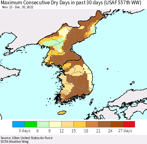 Korea Maximum Consecutive Dry Days in past 30 days (USAF 557th WW) 12/20/2022 Thematic Map For 12/16/2022 - 12/20/2022