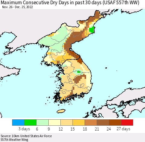 Korea Maximum Consecutive Dry Days in past 30 days (USAF 557th WW) 12/25/2022 Thematic Map For 12/21/2022 - 12/25/2022