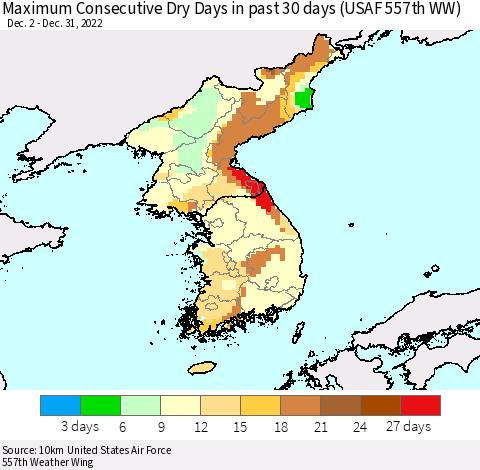 Korea Maximum Consecutive Dry Days in past 30 days (USAF 557th WW) 12/31/2022 Thematic Map For 12/26/2022 - 12/31/2022
