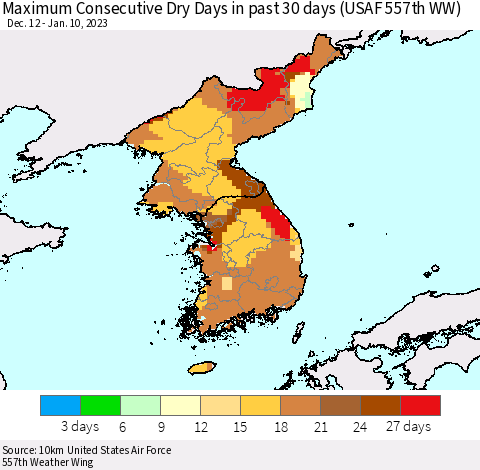 Korea Maximum Consecutive Dry Days in past 30 days (USAF 557th WW) 01/10/2023 Thematic Map For 1/6/2023 - 1/10/2023