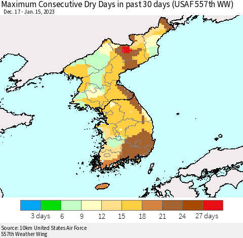Korea Maximum Consecutive Dry Days in past 30 days (USAF 557th WW) 01/15/2023 Thematic Map For 1/11/2023 - 1/15/2023