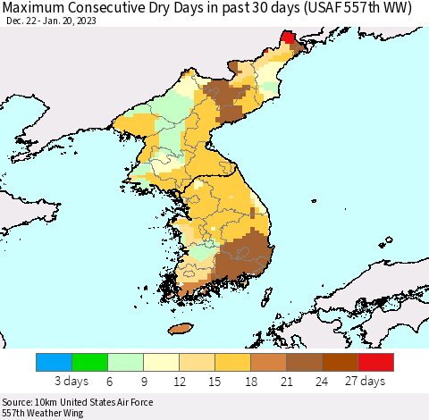 Korea Maximum Consecutive Dry Days in past 30 days (USAF 557th WW) 01/20/2023 Thematic Map For 1/16/2023 - 1/20/2023