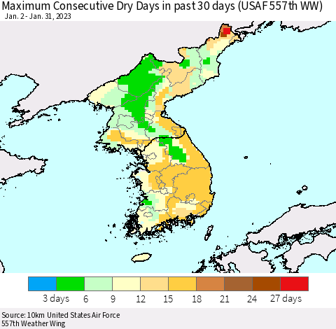Korea Maximum Consecutive Dry Days in past 30 days (USAF 557th WW) 01/31/2023 Thematic Map For 1/26/2023 - 1/31/2023