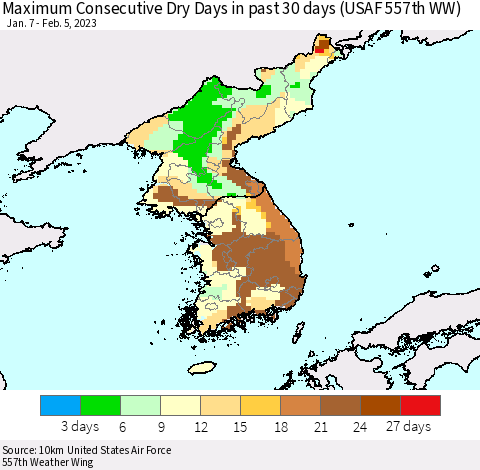 Korea Maximum Consecutive Dry Days in past 30 days (USAF 557th WW) 02/05/2023 Thematic Map For 2/1/2023 - 2/5/2023