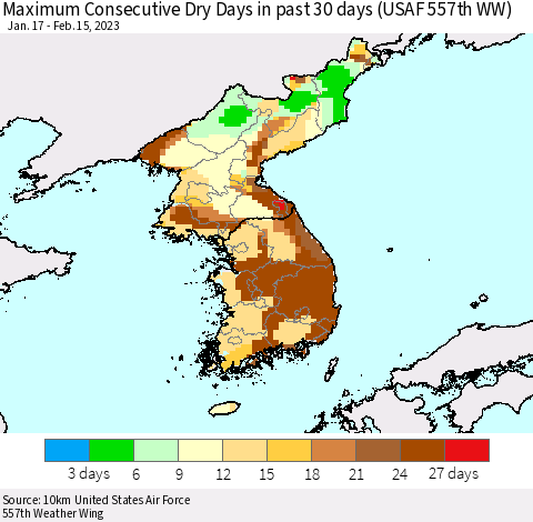 Korea Maximum Consecutive Dry Days in past 30 days (USAF 557th WW) 02/15/2023 Thematic Map For 2/11/2023 - 2/15/2023