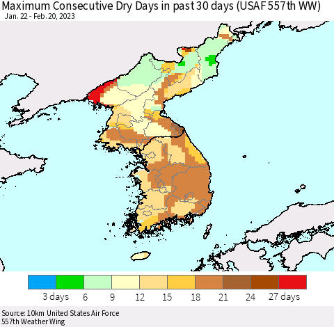 Korea Maximum Consecutive Dry Days in past 30 days (USAF 557th WW) 02/20/2023 Thematic Map For 2/16/2023 - 2/20/2023
